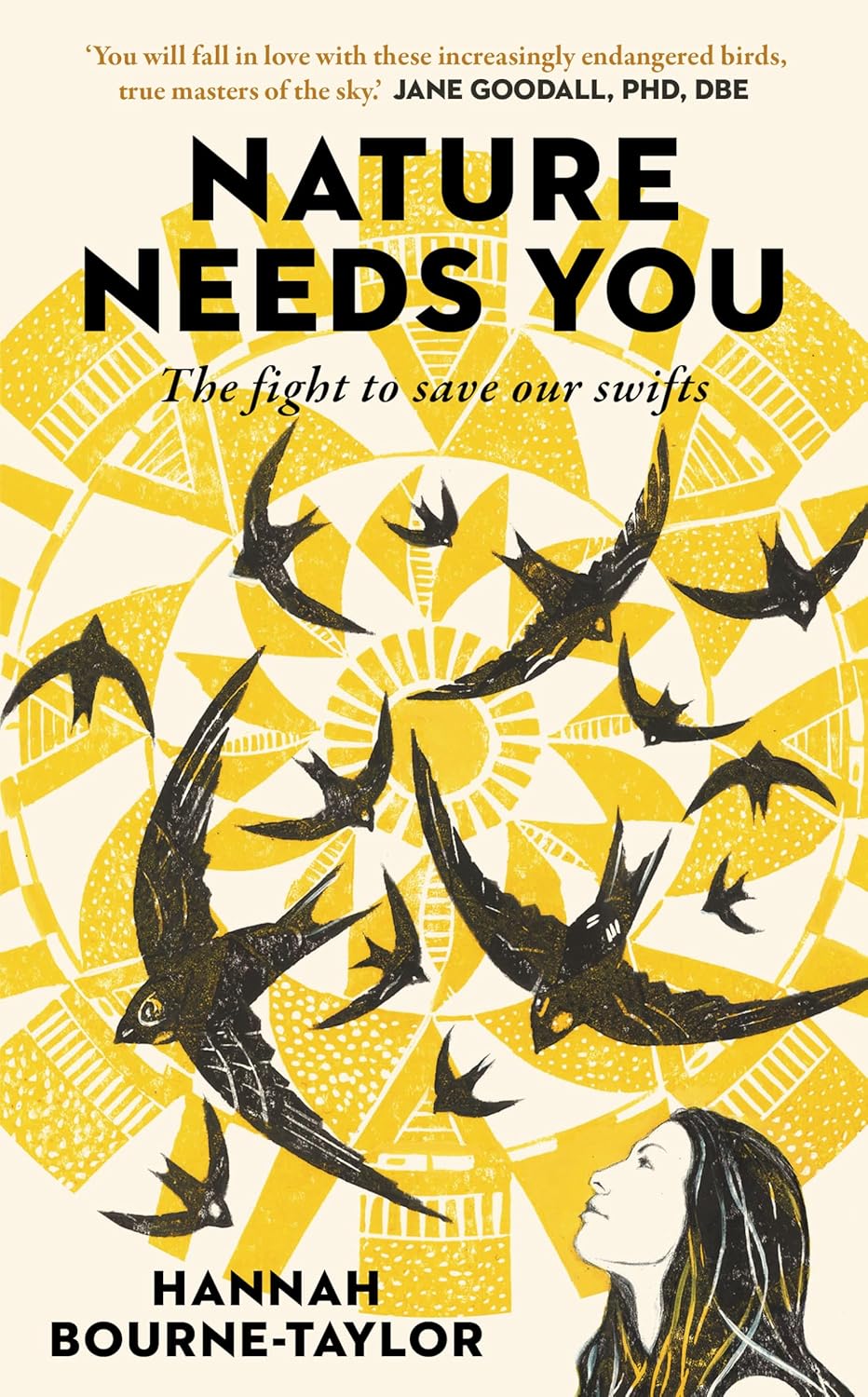 nature needs you front book cover featuring swifts flying around a circular yellow art design