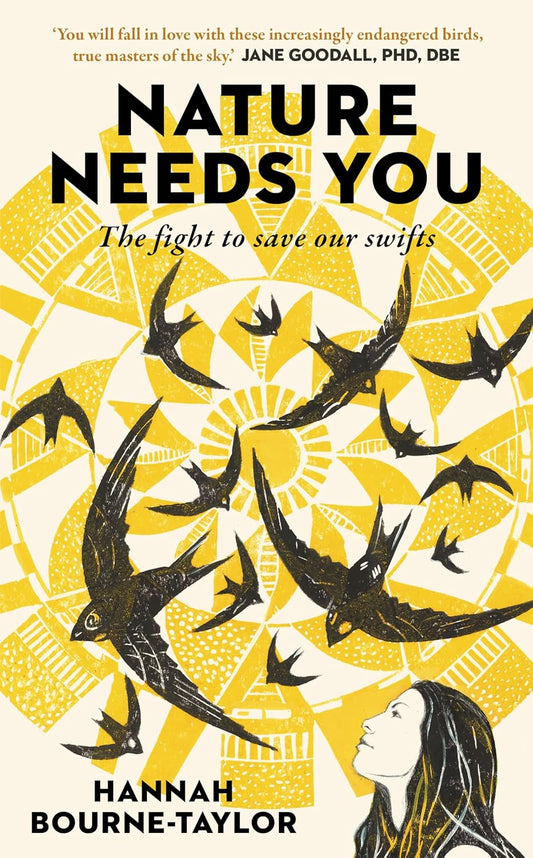 nature needs you front book cover featuring swifts flying around a circular yellow art design