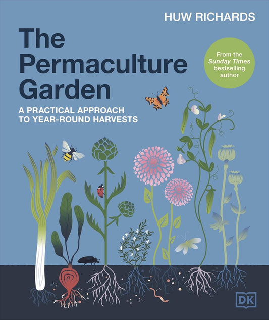 front cover of the permaculture garden book 2025 with illustration of insects pollinating vegetables