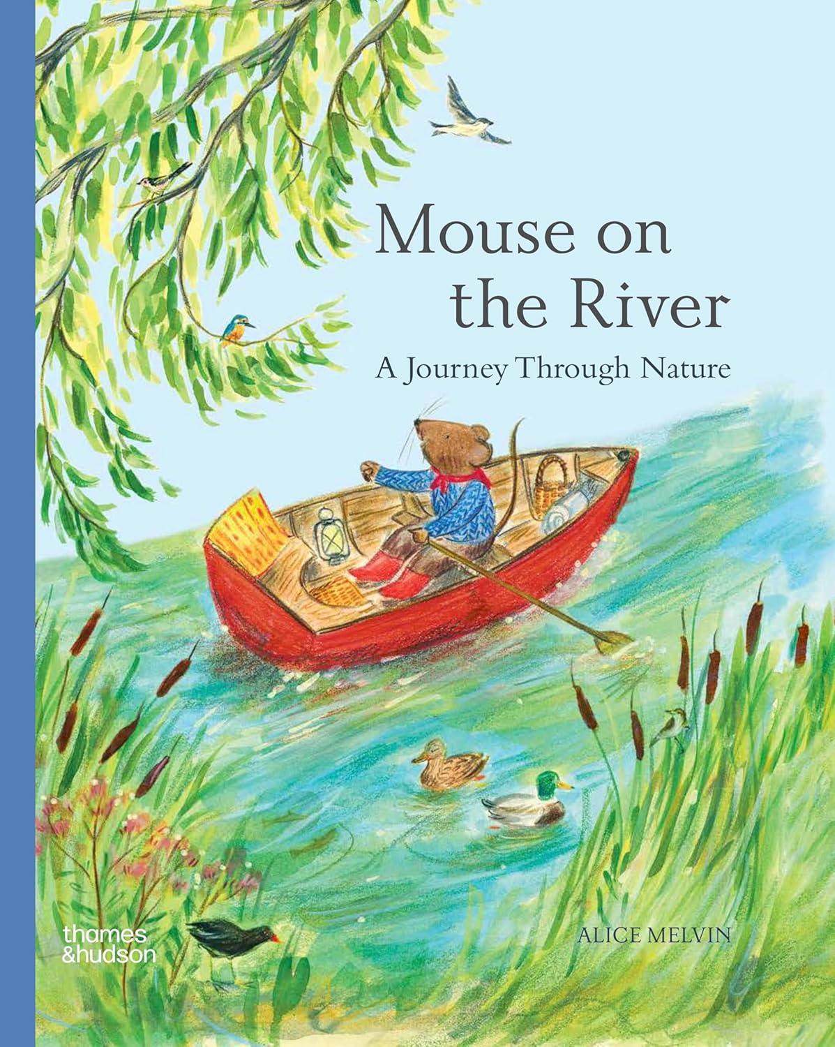 charming illustration of a mouse on a river in boat. children's book.