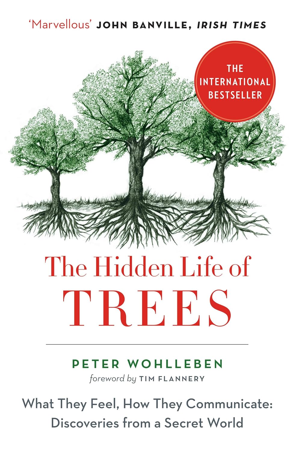 Book cover of 'The Hidden Life of Trees' with trees and roots illustration.